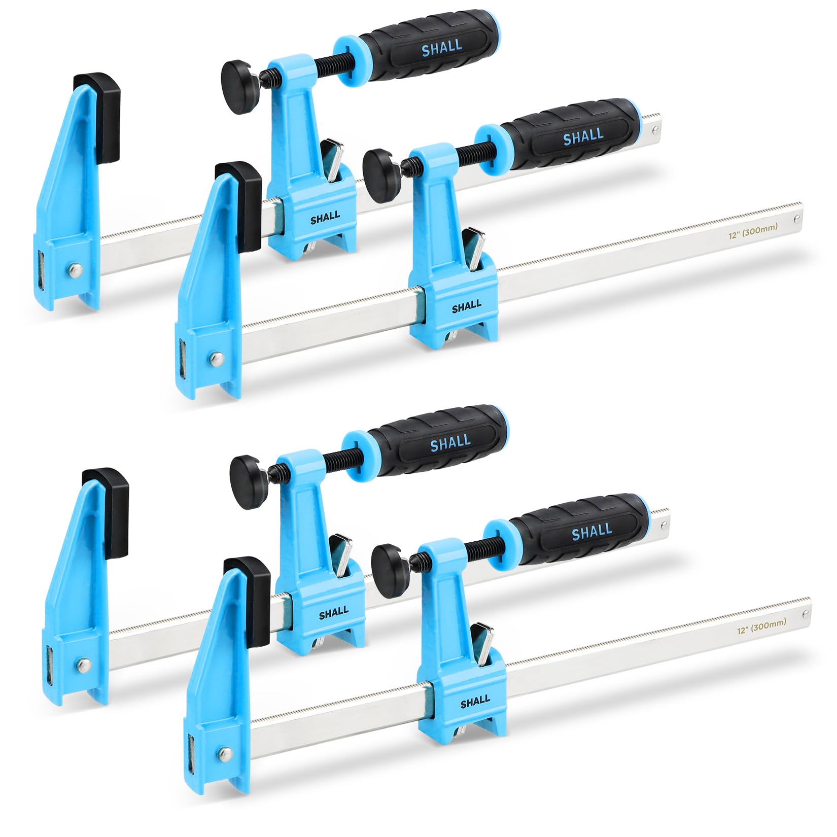Shall 12-inch steel bar clamps set in action for precise board alignment.