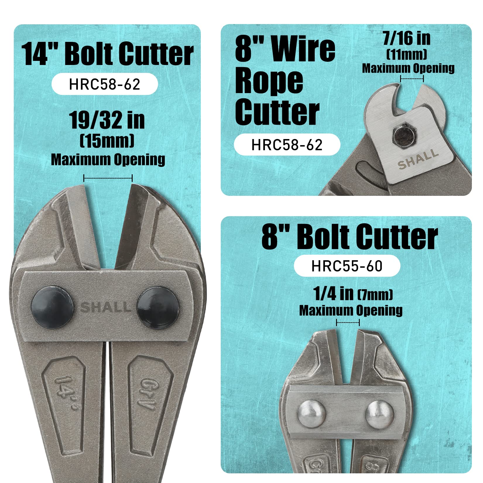 SHALL 14-inch bolt cutter showing max jaw opening for thick metals.