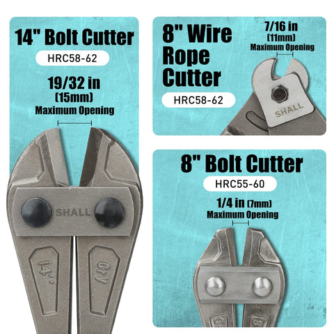 SHALL 14-inch bolt cutter showing max jaw opening for thick metals.