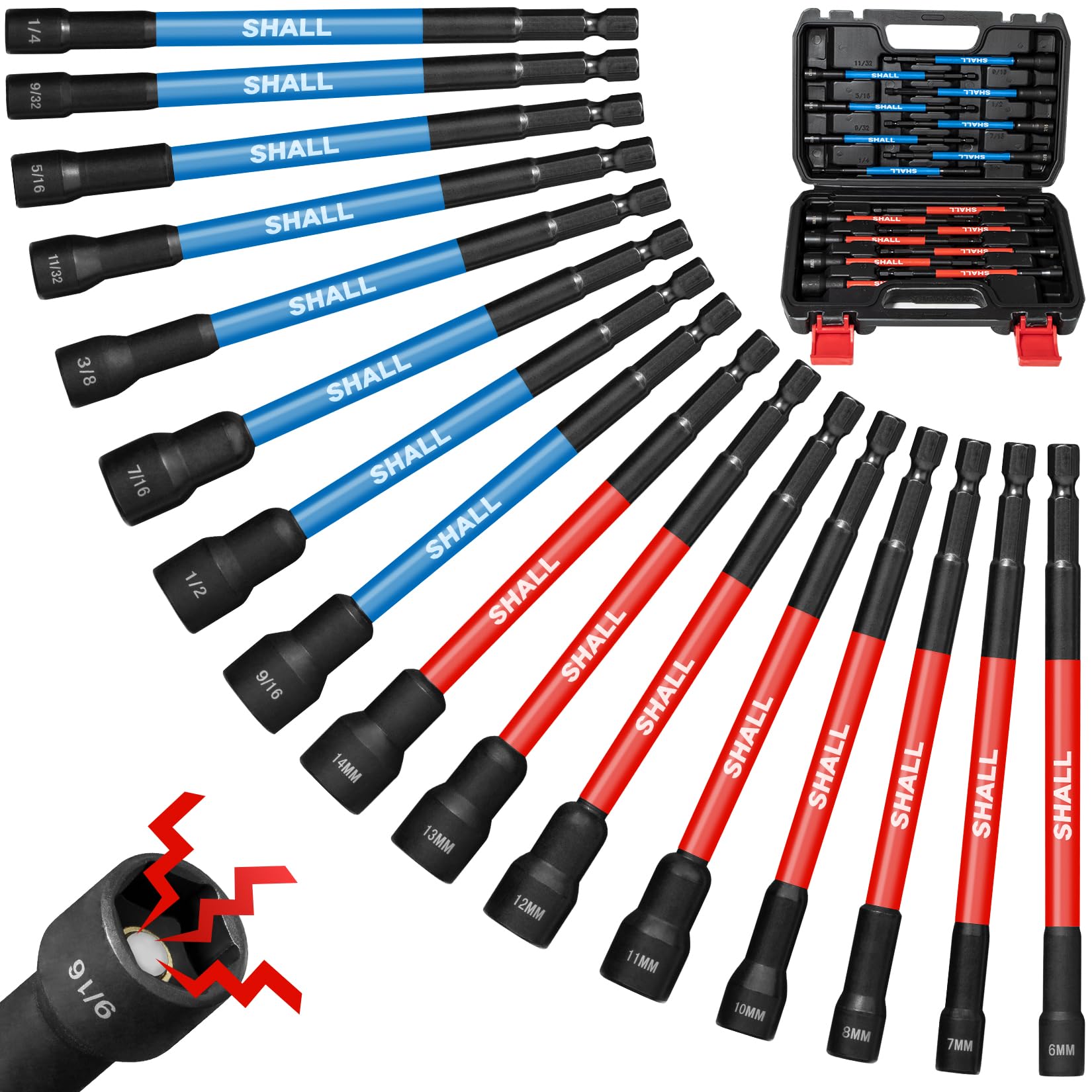 SHALL 16-piece magnetic nut driver set with 6-inch reach for tight spaces.