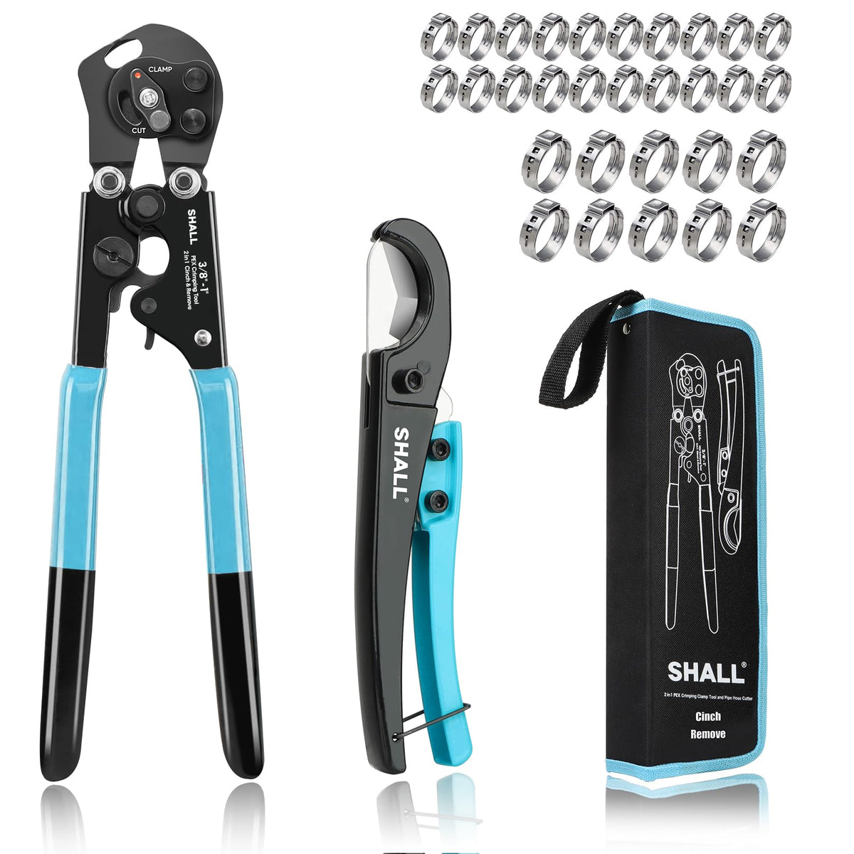SHALL 2-in-1 Pex crimp tool cinch-remove in use for secure clamping