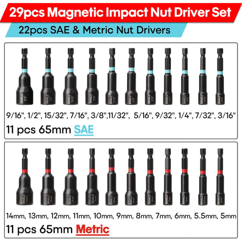 SHALL metric magnetic nut drivers highlight fast size identification for precise tightening.