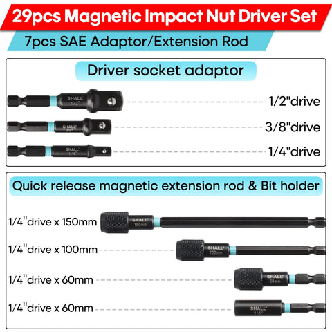 SHALL SAE magnetic nut drivers make quick work of standard fasteners you encounter.