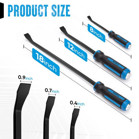 Shall 3-piece pry bar set 18-inch extends reach for floor removal and demolition tasks.