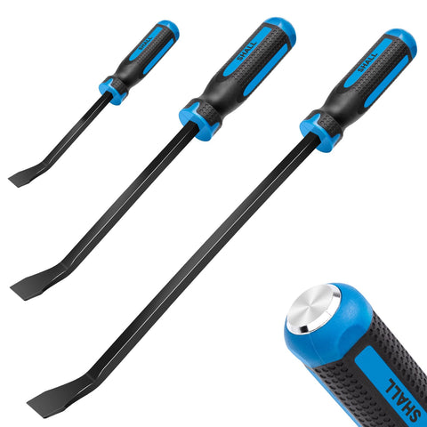 Shall 3-piece pry bar set 8-inch demonstrates compact leverage for tight spaces.