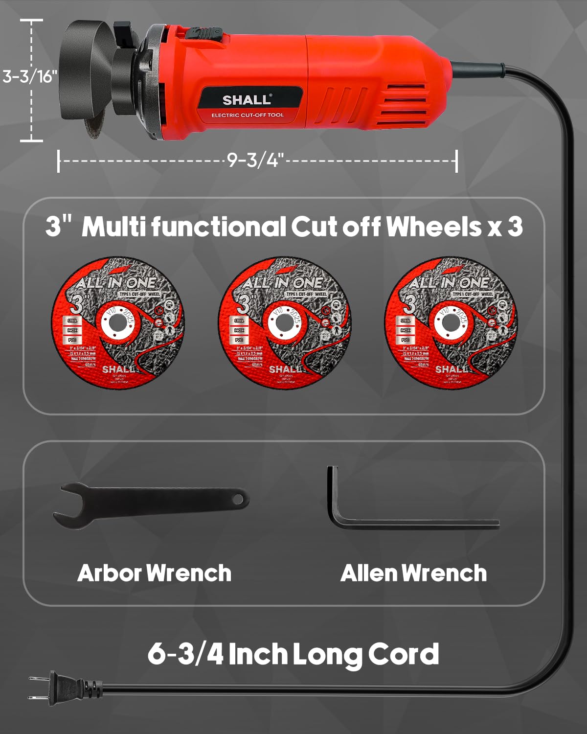 SHALL 3inch cut-off tool accessories-pack includes wheels and wrenches for versatile setups.