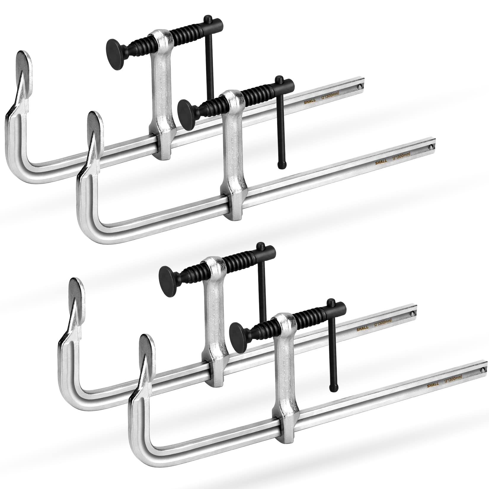 SHALL 4-pack 12-inch bar clamps set securing multiple pieces during assembly.