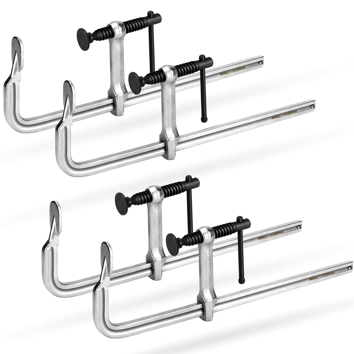 SHALL 4-pack 12-inch bar clamps set securing multiple pieces during assembly.