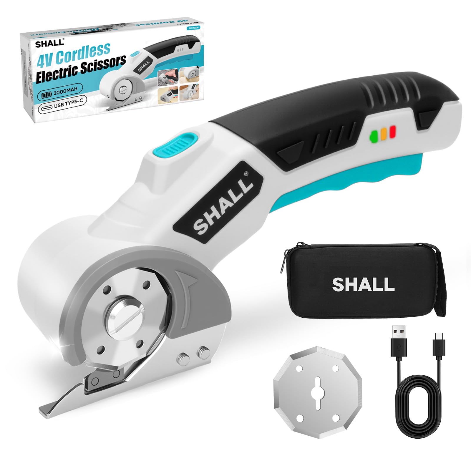 SHALL 4V cordless electric scissors blade for precise cuts on fabric and cardboard.