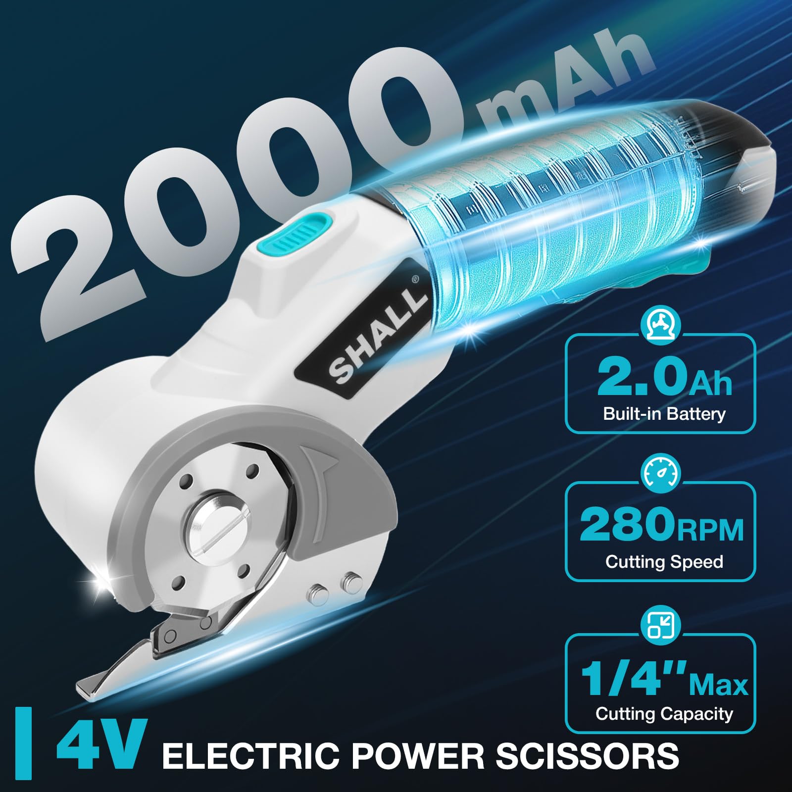 SHALL 4V cordless electric scissors LED light improves visibility during cuts.