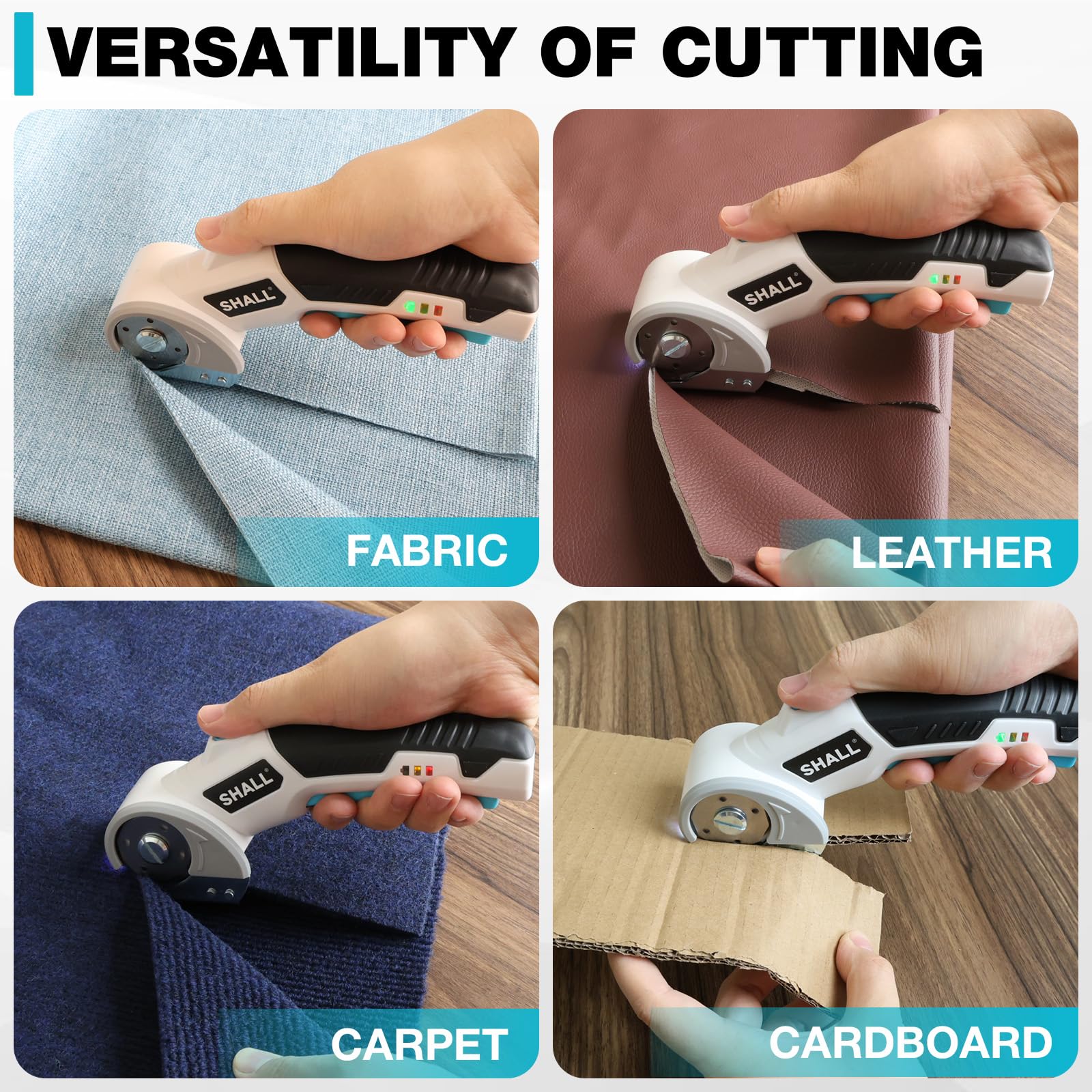 SHALL 4V cordless electric scissors multi-material capability for fabric, leather and more.