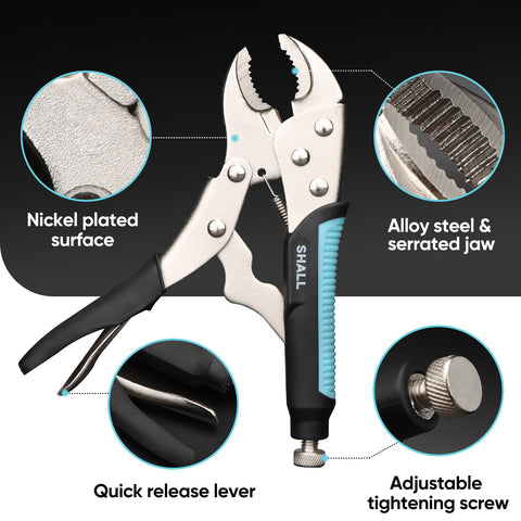 SHALL 7-inch curved jaw locking pliers used for intermediate clamping tasks.