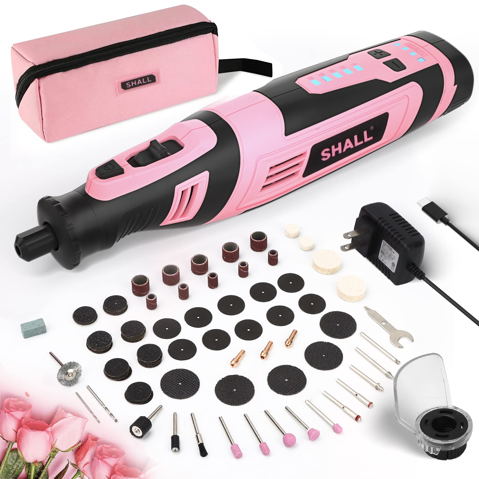 SHALL 8V cordless rotary tool pink bag enables portable projects.