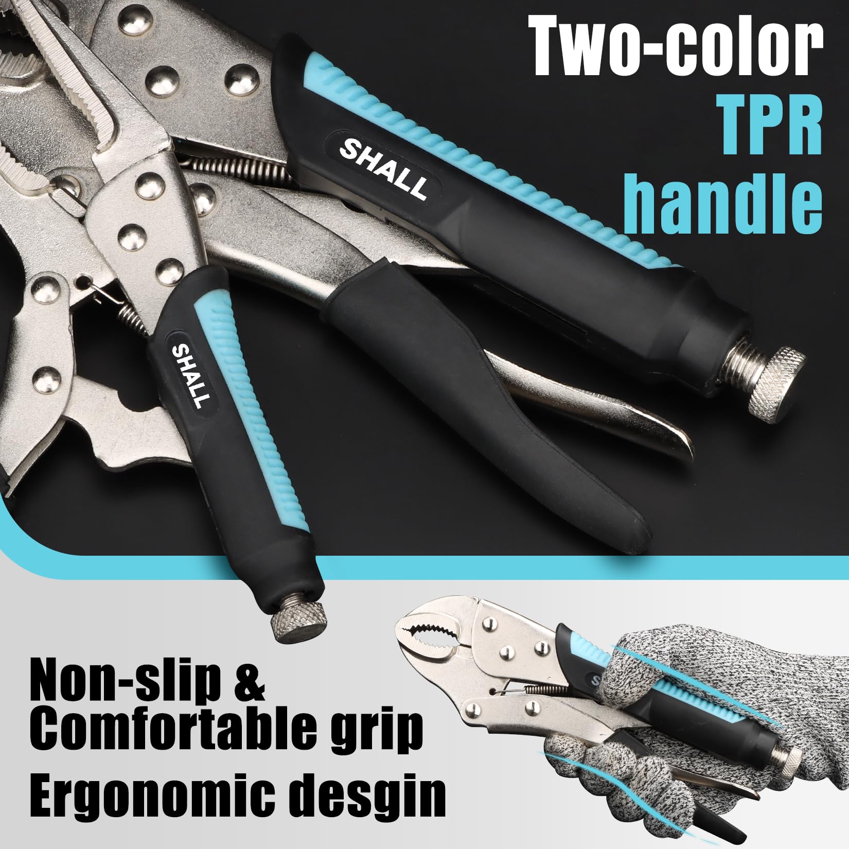 SHALL 9-1/2-inch long-nose locking pliers reach tight spaces.