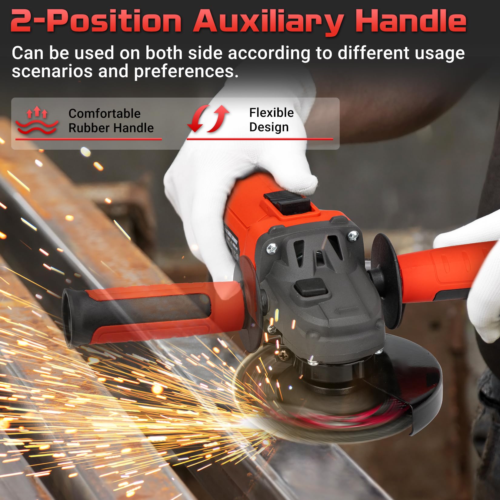 SHALL angle grinder motor detail highlighting 4 amp rating and speed.