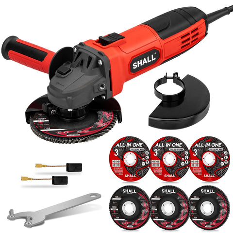SHALL angle grinder with protective guard for safe metal cutting tasks.