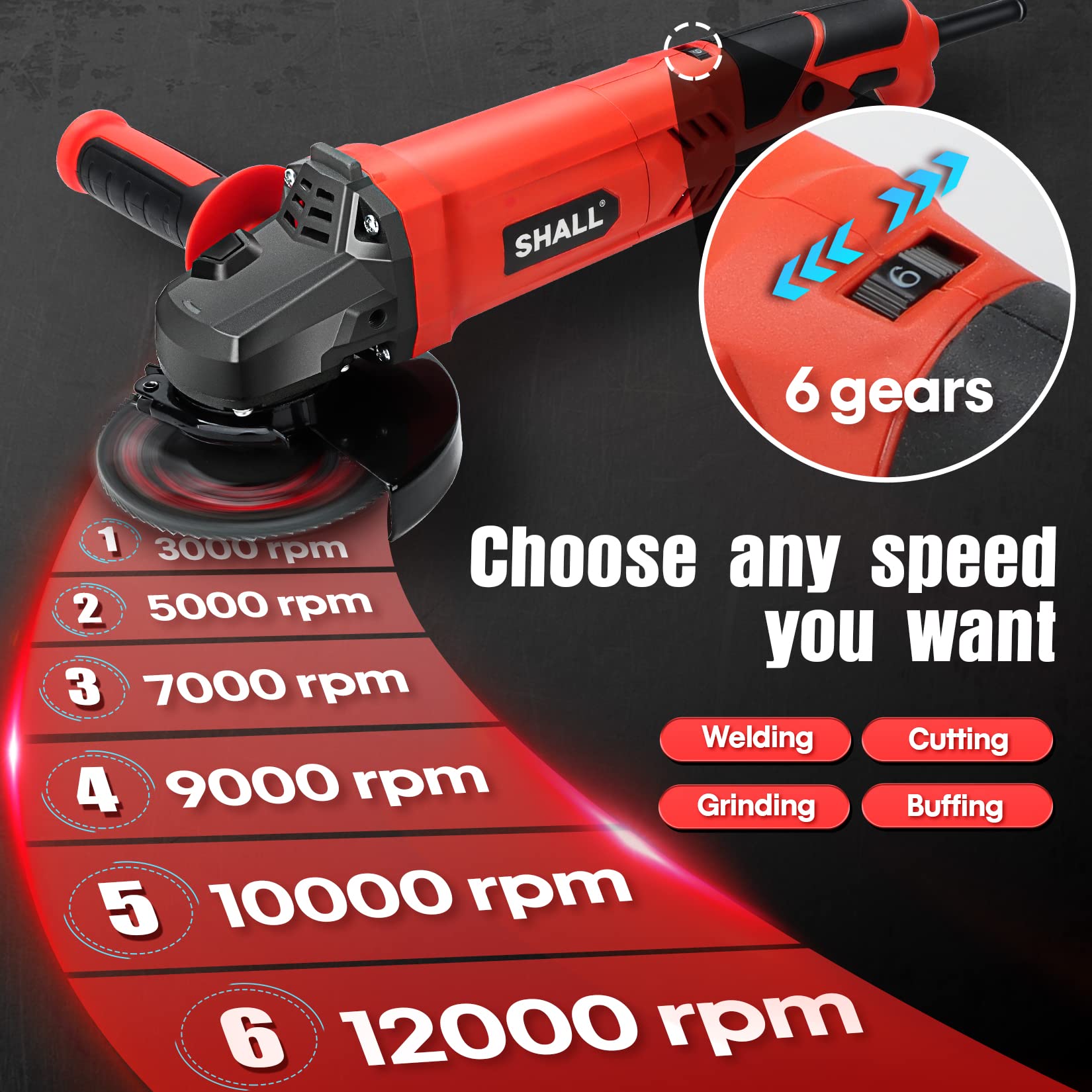 SHALL angle grinder showing the 6-variable-speed dial for precise control