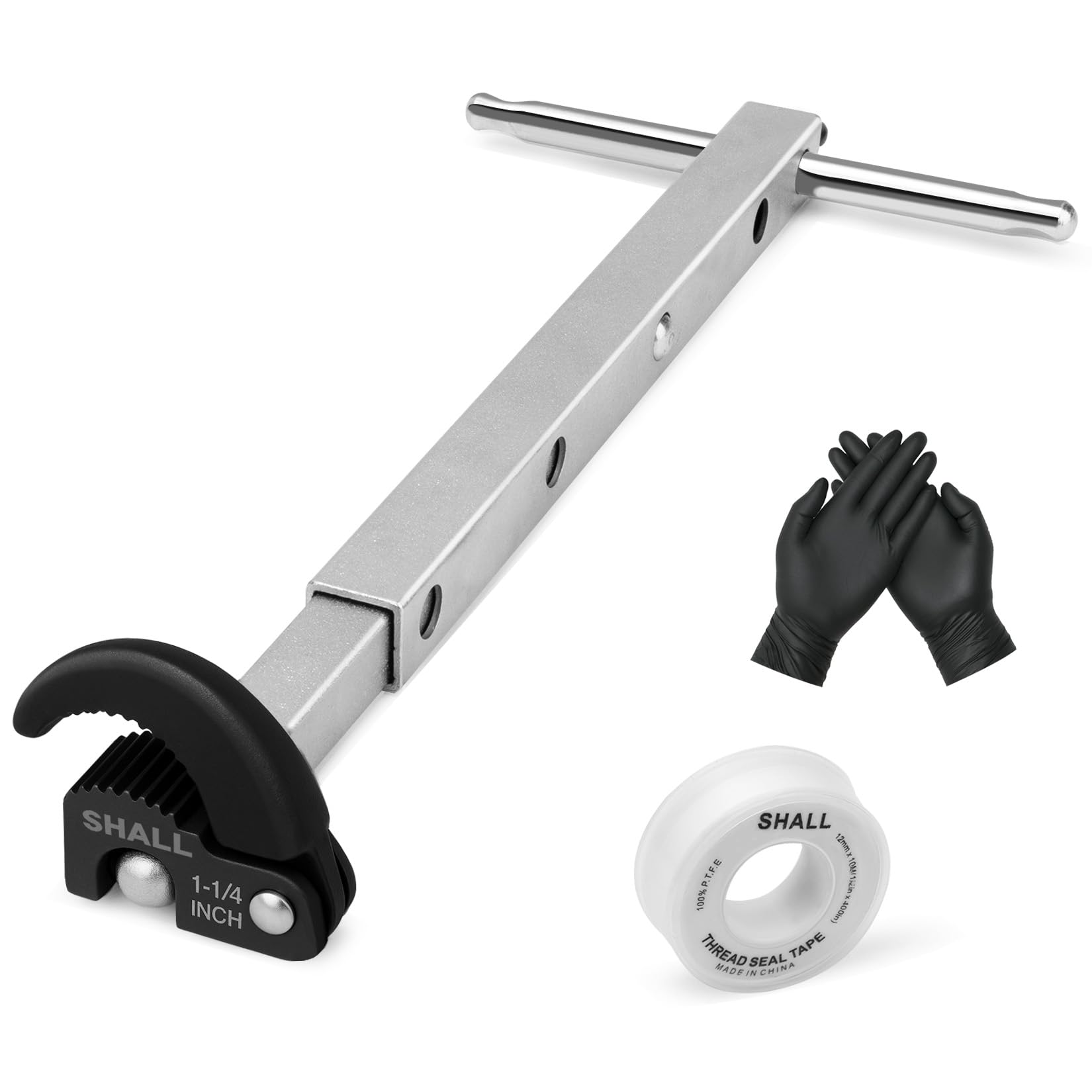 SHALL basin wrench with extendable handle 10–17 inches for hard-to-reach fixtures.