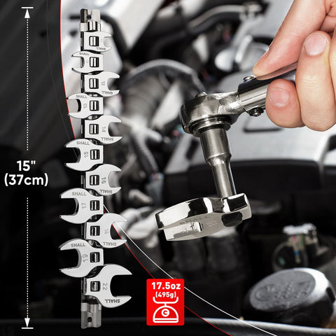 Clip-on organizer with 13 clips keeps wrenches neatly arranged and portable.