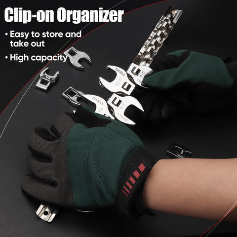 SHALL clip-organizer keeps wrenches organized and portable.
