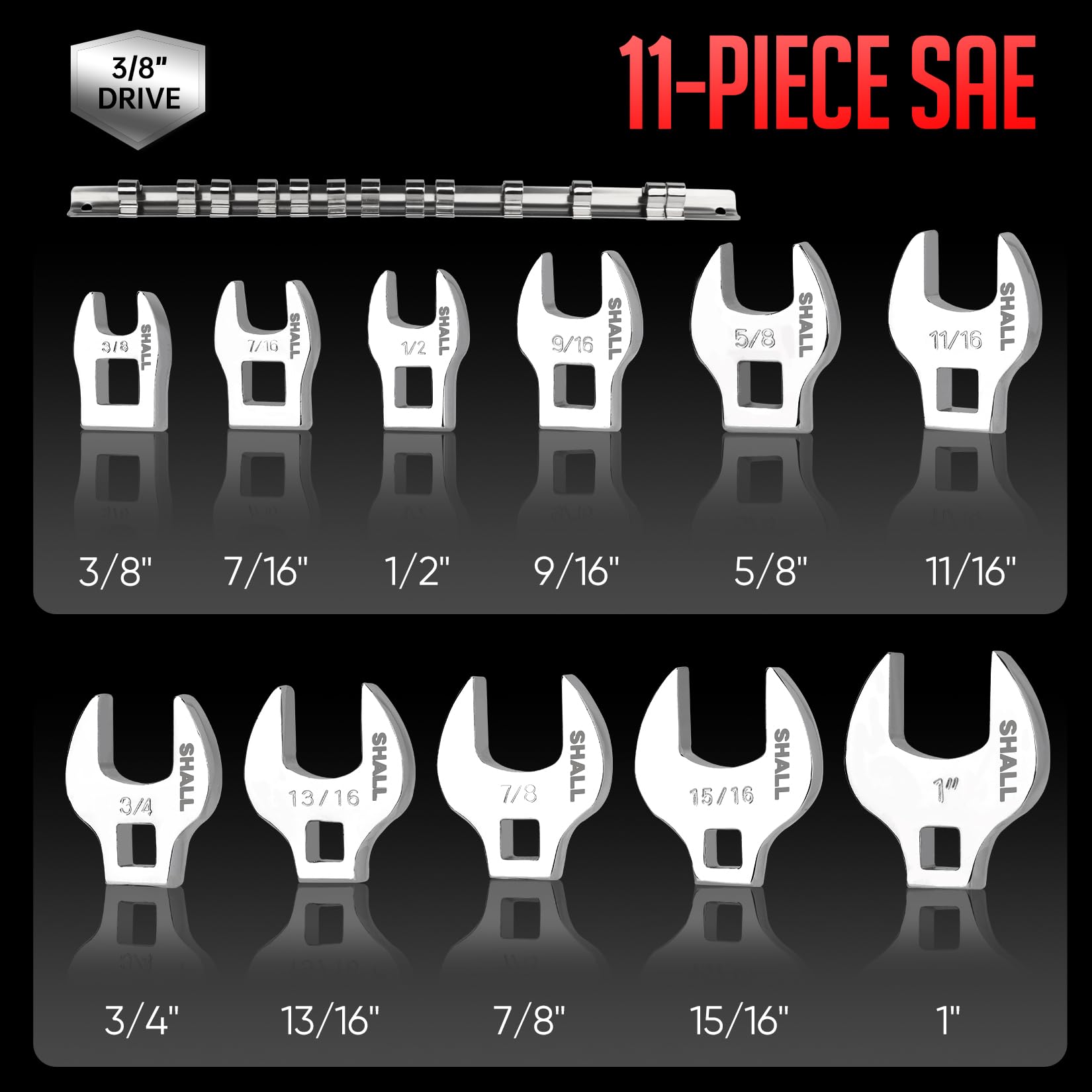 SHALL crowfoot wrenches lineup shows SAE sizes from 3/8 to 1 inch.
