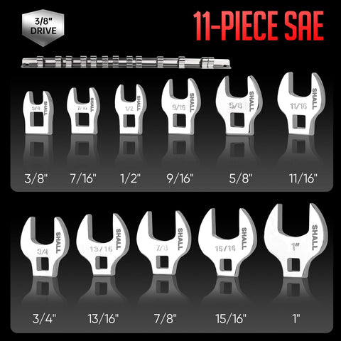 SHALL crowfoot wrenches lineup shows SAE sizes from 3/8 to 1 inch.