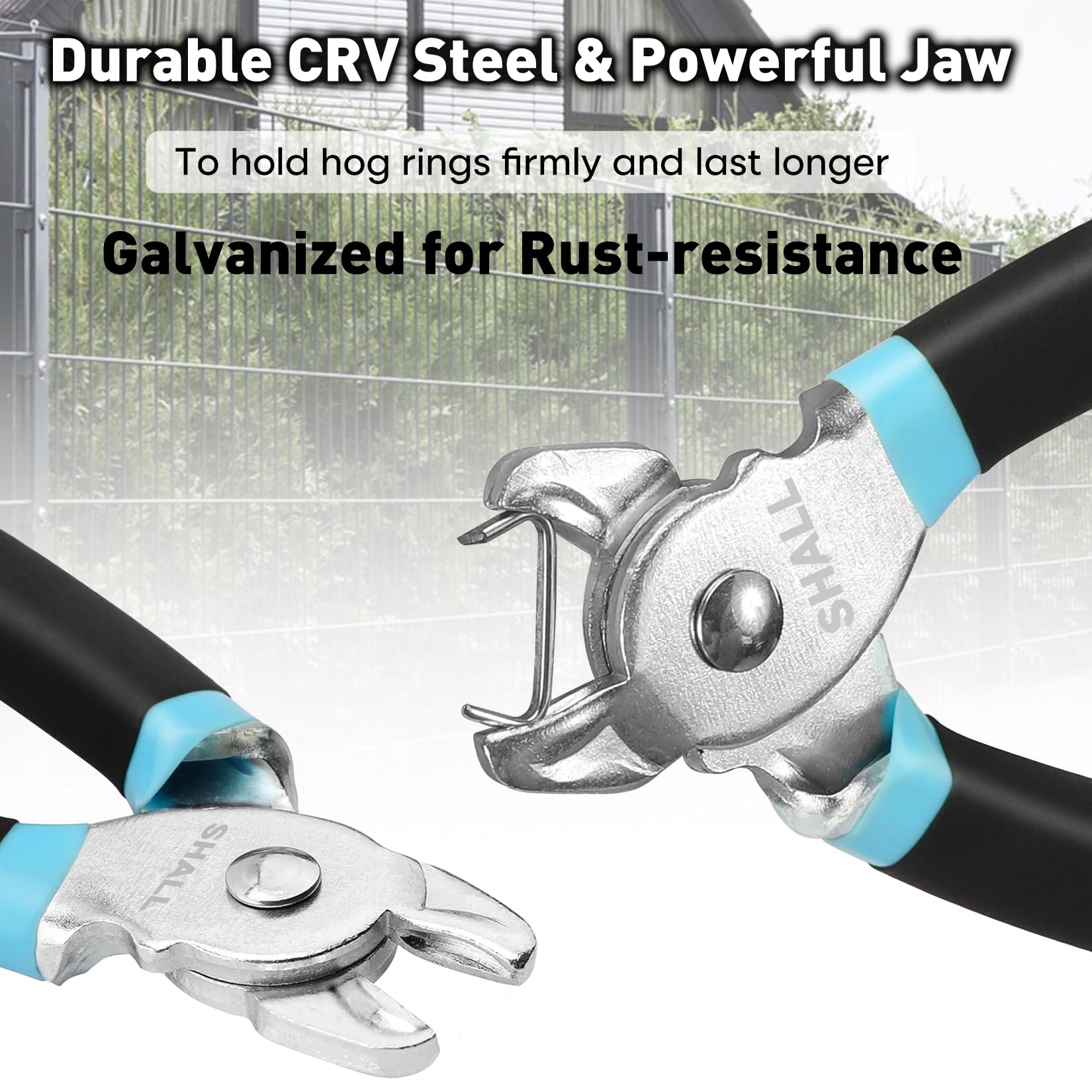 SHALL hog ring pliers jaw close-up highlights durable CRV steel construction.