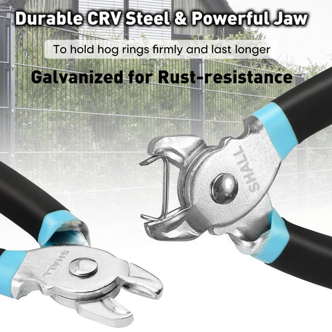 SHALL hog ring pliers jaw close-up highlights durable CRV steel construction.