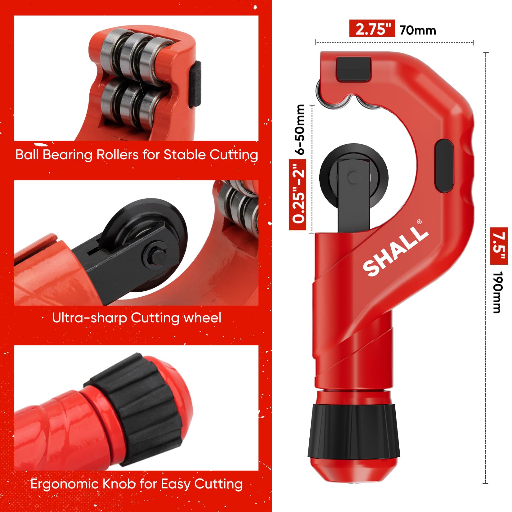 Shall heavy-duty copper pipe cutter for 1/4 to 2 inch OD tubes.