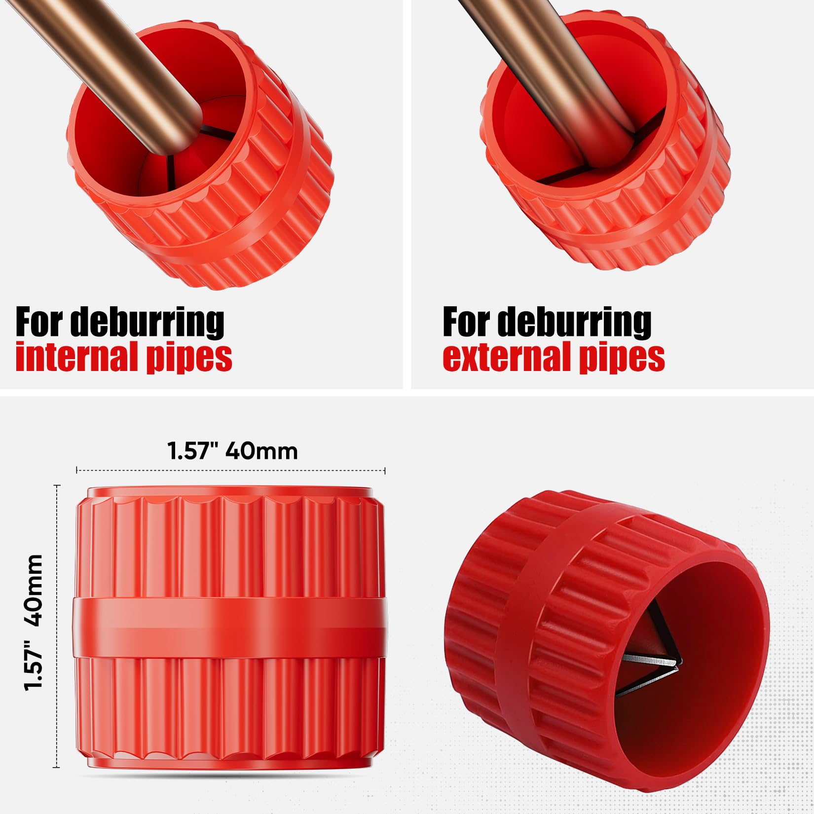 Shall inner and outer pipe reamer for clean pipe edges.