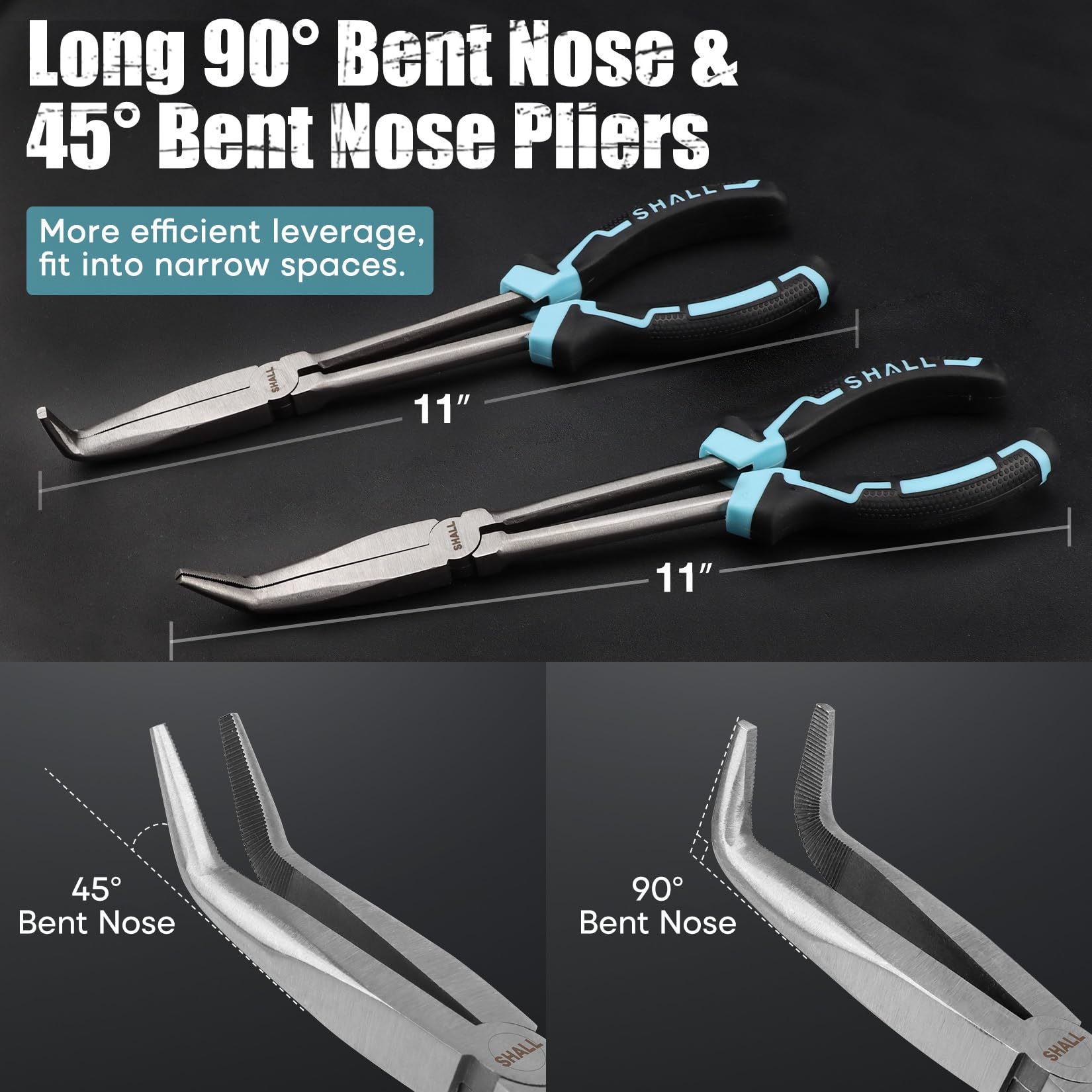 Shall 11-inch 45-degree bent nose plier for looping and precise bends.
