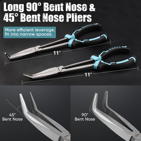 Shall 11-inch 45-degree bent nose plier for looping and precise bends.