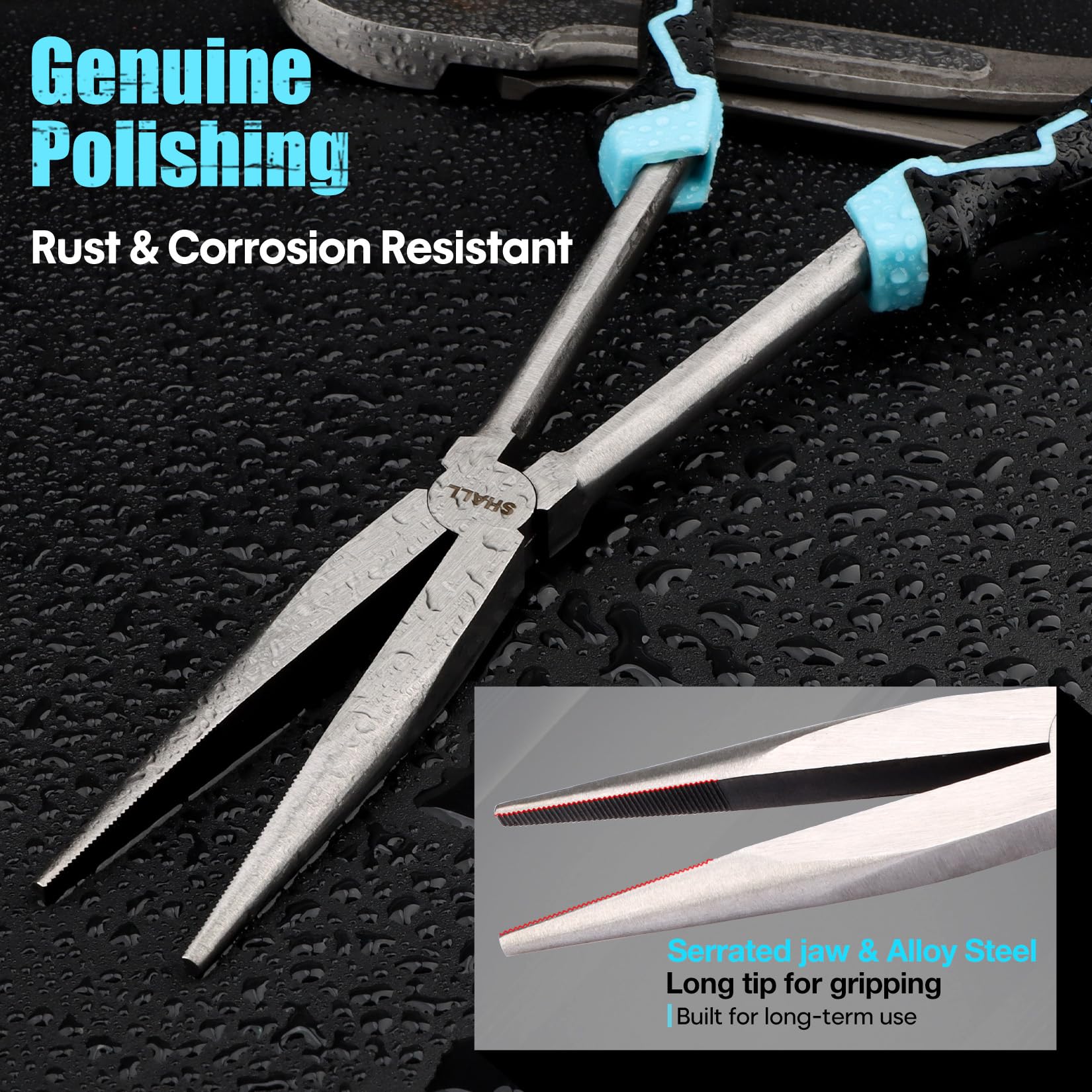 Shall 11-inch 90-degree bent nose plier enables angular access in confined spots.