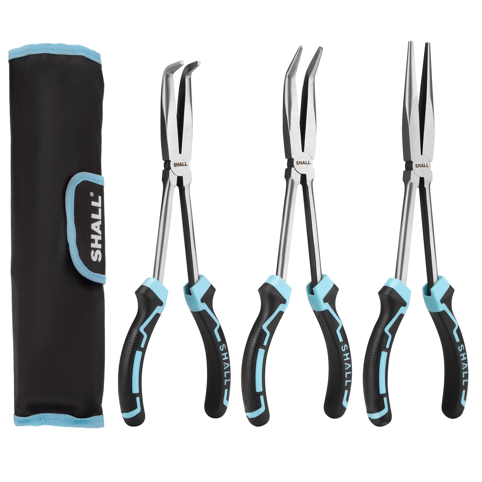 Shall 11-inch straight nose plier for precise grip in tight spaces.