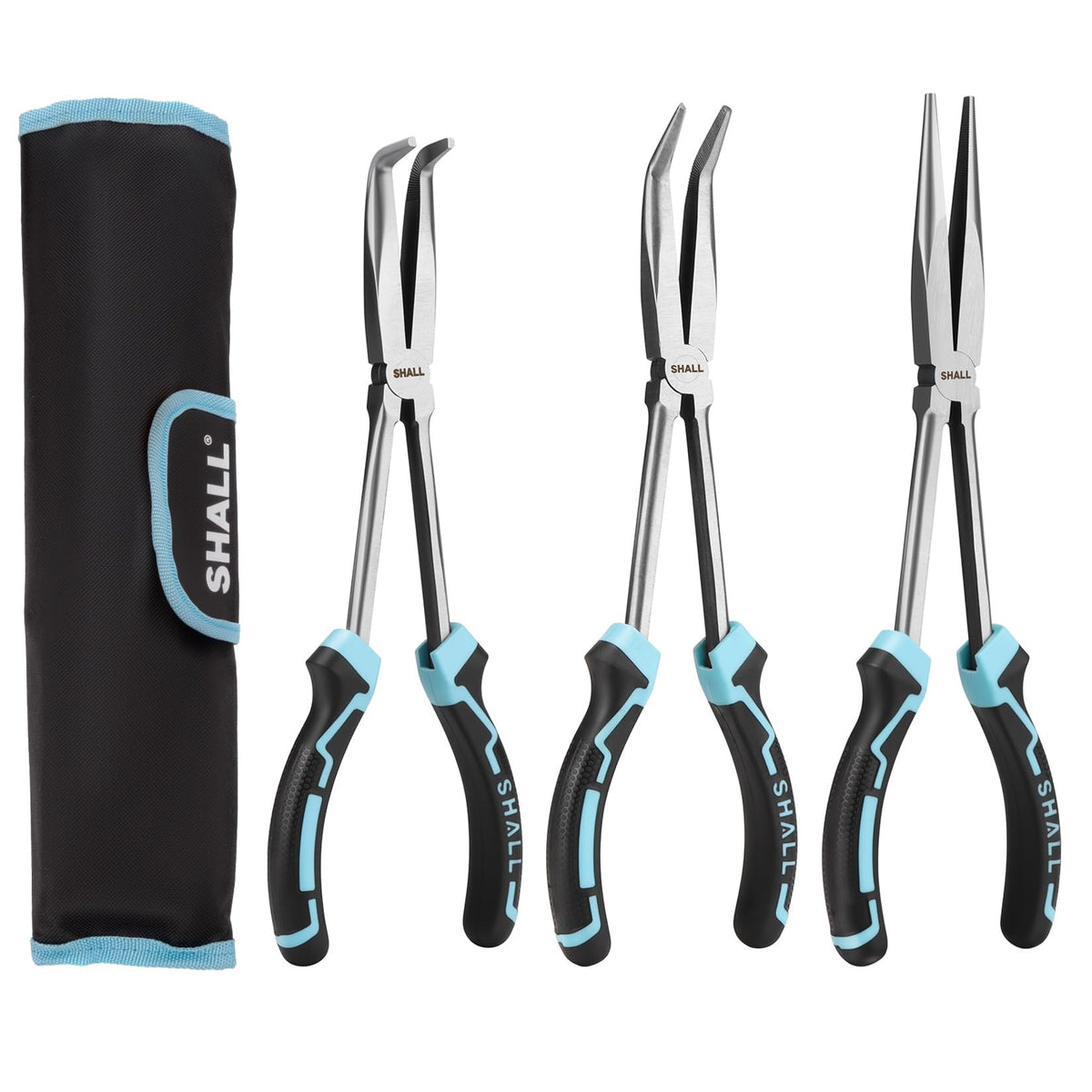 Shall 11-inch straight nose plier for precise grip in tight spaces.