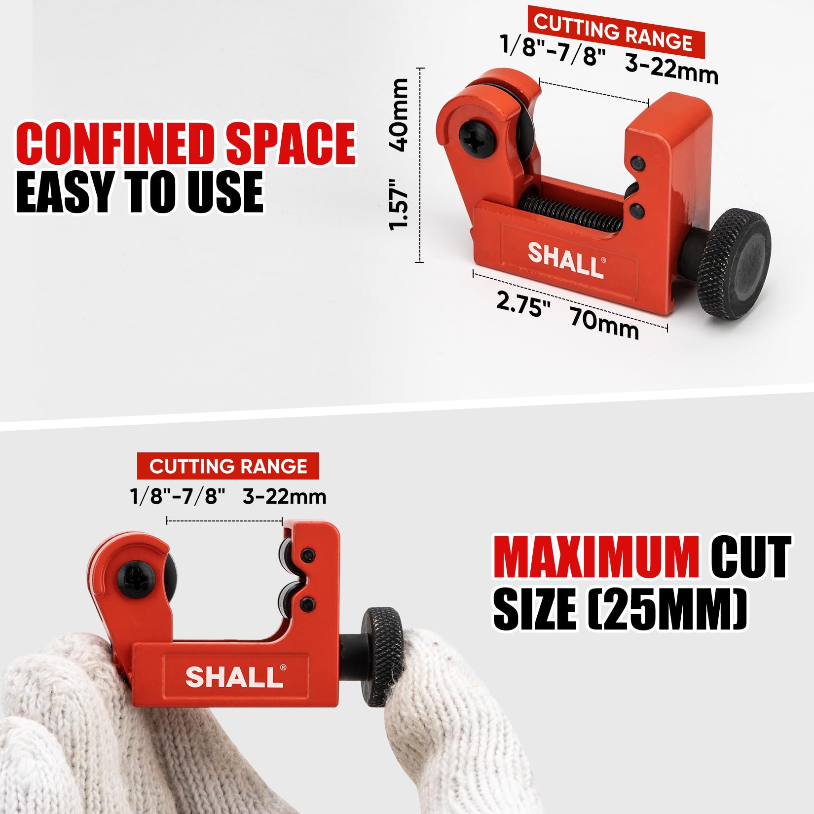Shall mini tube cutter fits tight spaces for 1/8 to 7/8 inch OD.