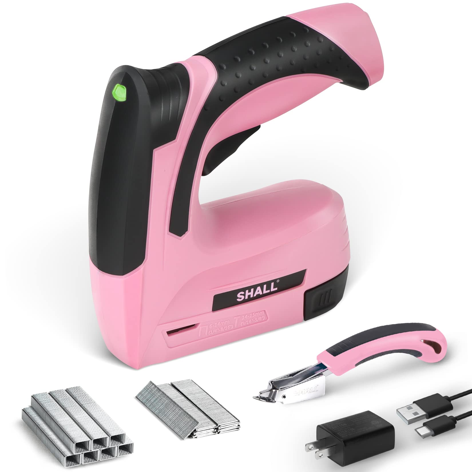 SHALL pink 2-in-1 cordless staple gun close-up for upholstery projects