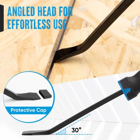 Shall pry bar with angled tip provides superior leverage in tight gaps.