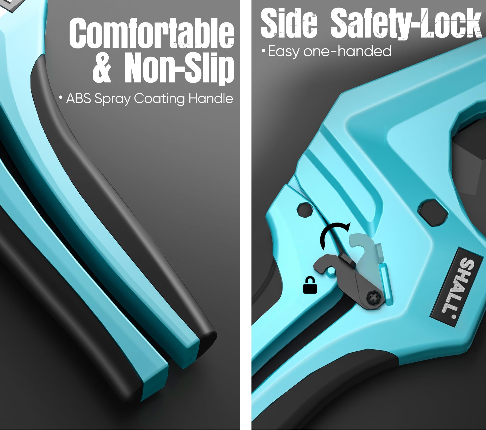 Ergonomic bi-material handle provides secure, comfortable grip