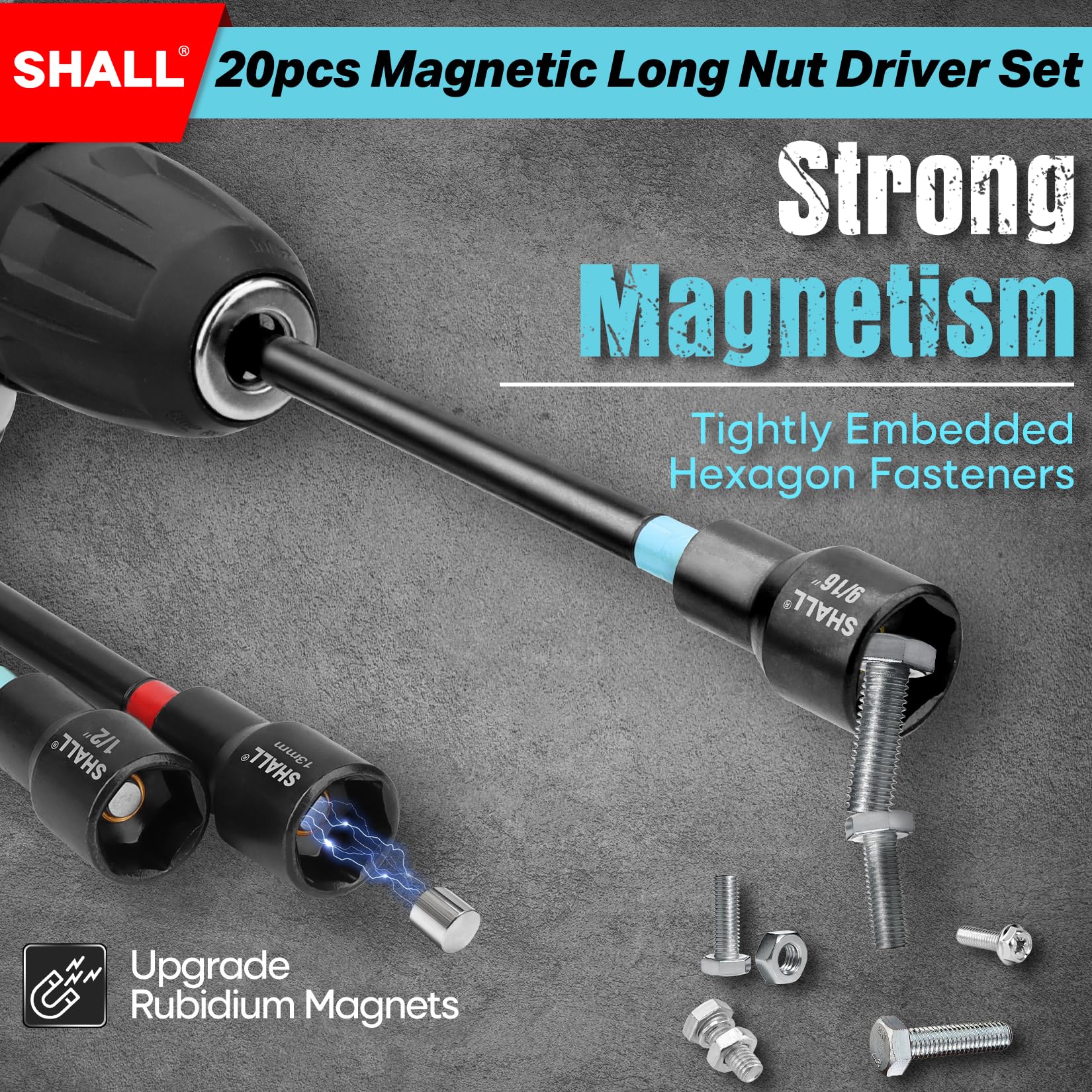 SHALL SAE and Metric nut drivers with 1/4-inch hex shank for versatile drills