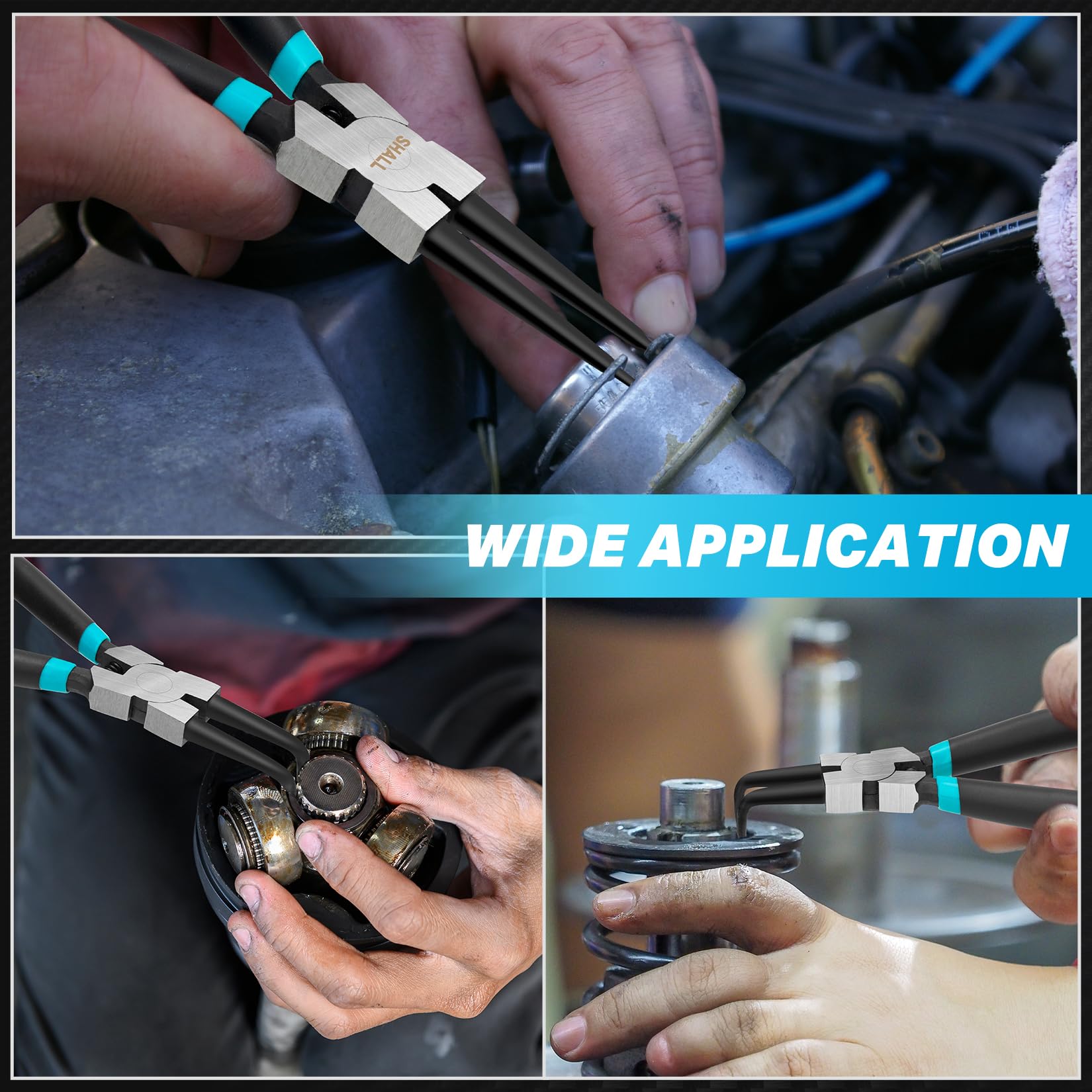 SHALL heavy-duty snap ring pliers set displayed in roll bag for field use.