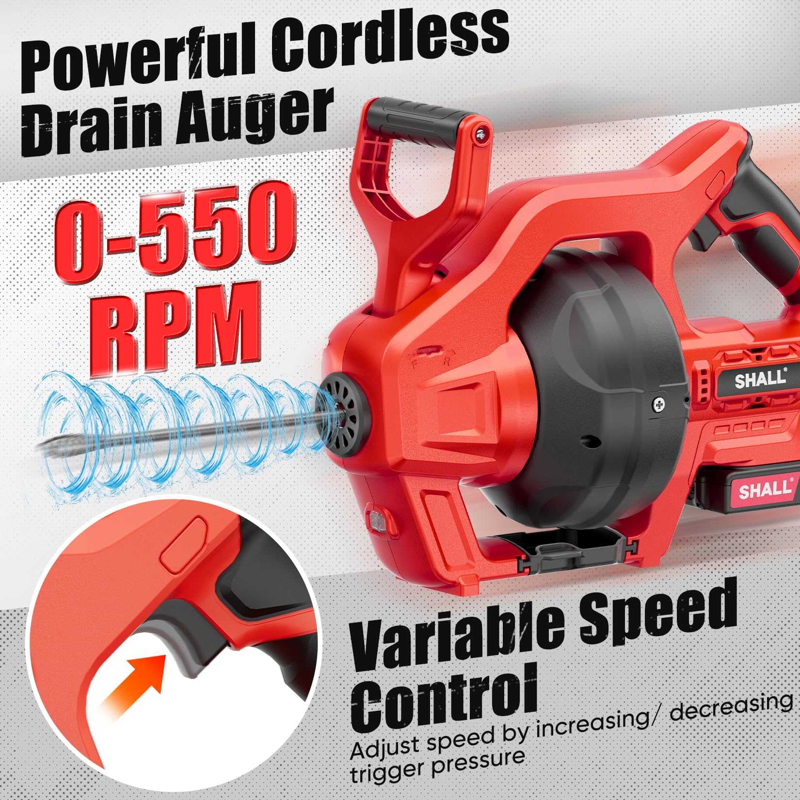 SHALL variable-speed drain auger lets you tailor power to delicate pipes