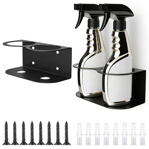 SHANDERBAR two-pack wall-mount spray bottle holder keeps garage organized.