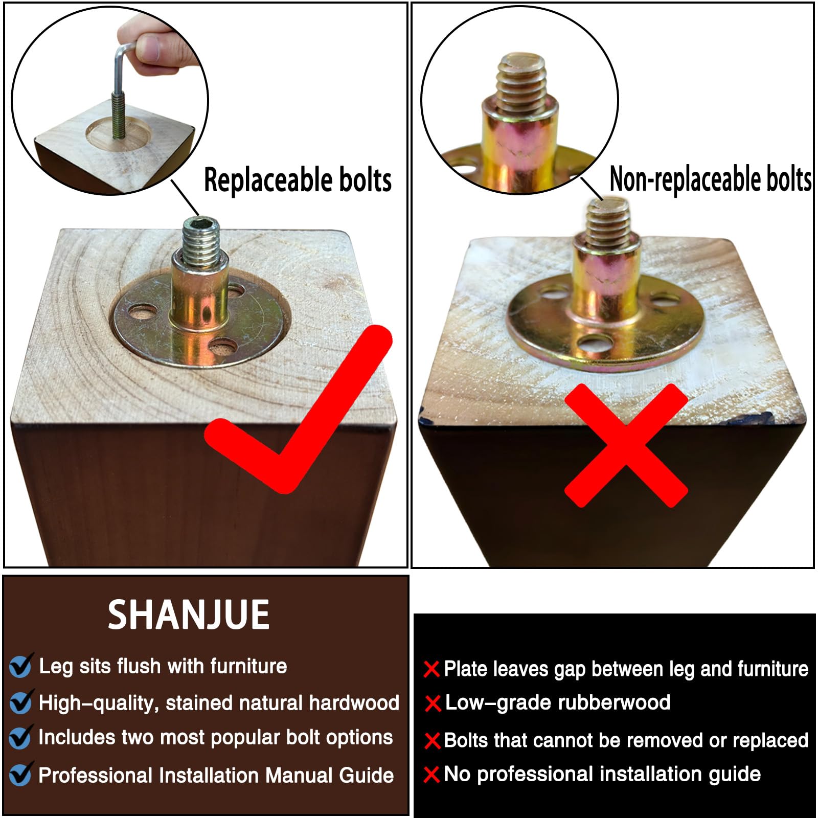 Shanjue coffee table legs 5-inch square brown enable under-table cleaning