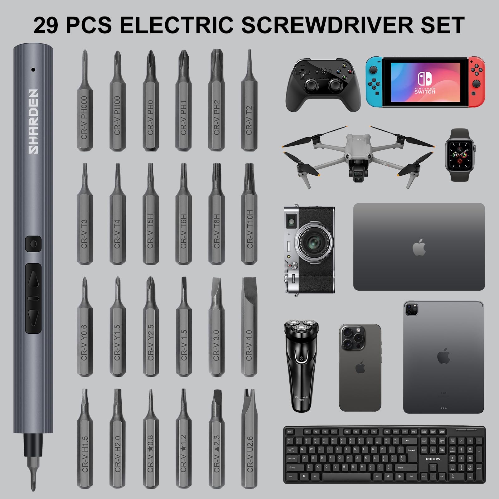 Sharden Mini Electric Screwdriver 24-bit set enables versatile gadget repairs.
