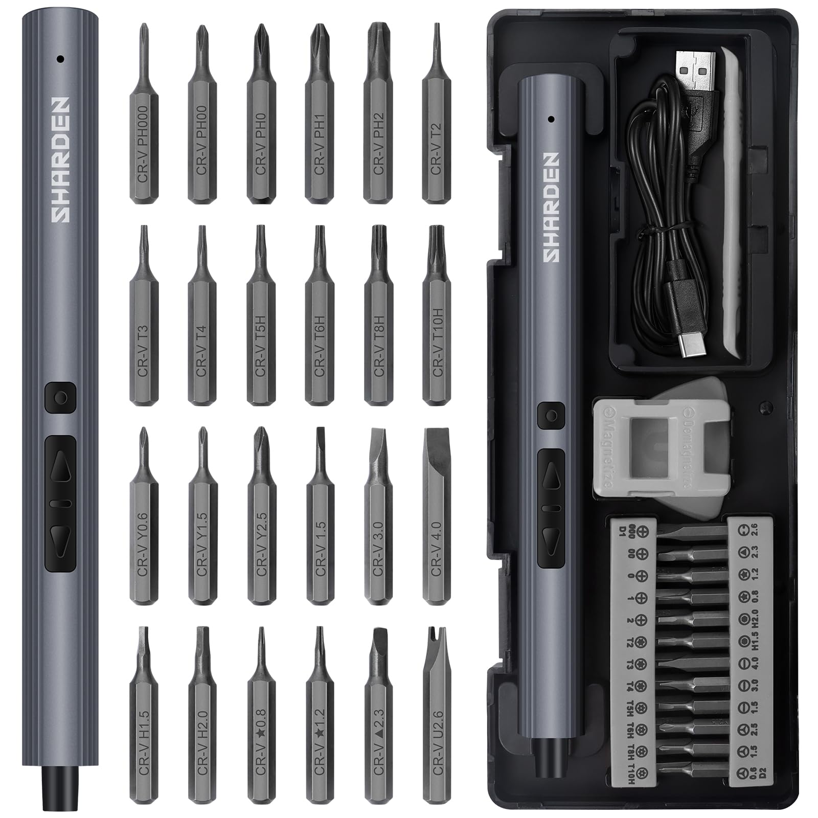 Sharden mini electric screwdriver with 24 bits in a portable case for quick repairs.