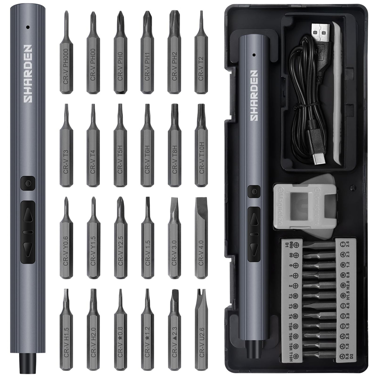 Sharden mini electric screwdriver with 24 bits in a portable case for quick repairs.