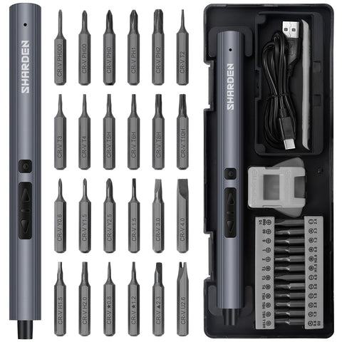 Sharden mini electric screwdriver with 24 bits in a portable case for quick repairs.