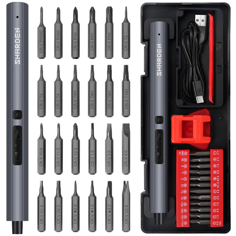 Sharden Mini Electric Screwdriver case open, ideal for quick at-home electronics repairs.