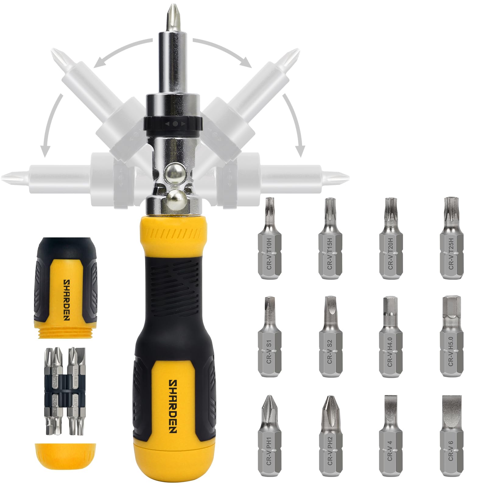Sharden ratcheting screwdriver with 180° pivot for tight spaces.
